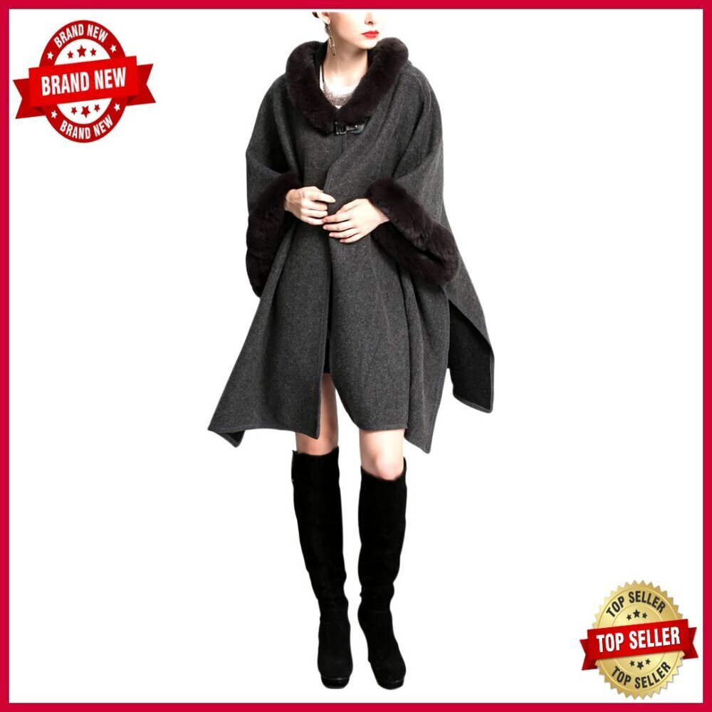 Faux Fur Hooded Cape Poncho Sweater with Batwing Sleeves